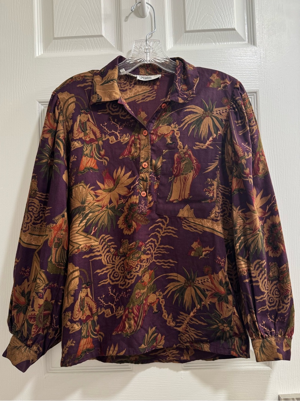 Vintage Caroline Rohmer Purple Botanical Print Long Sleeve Blouse